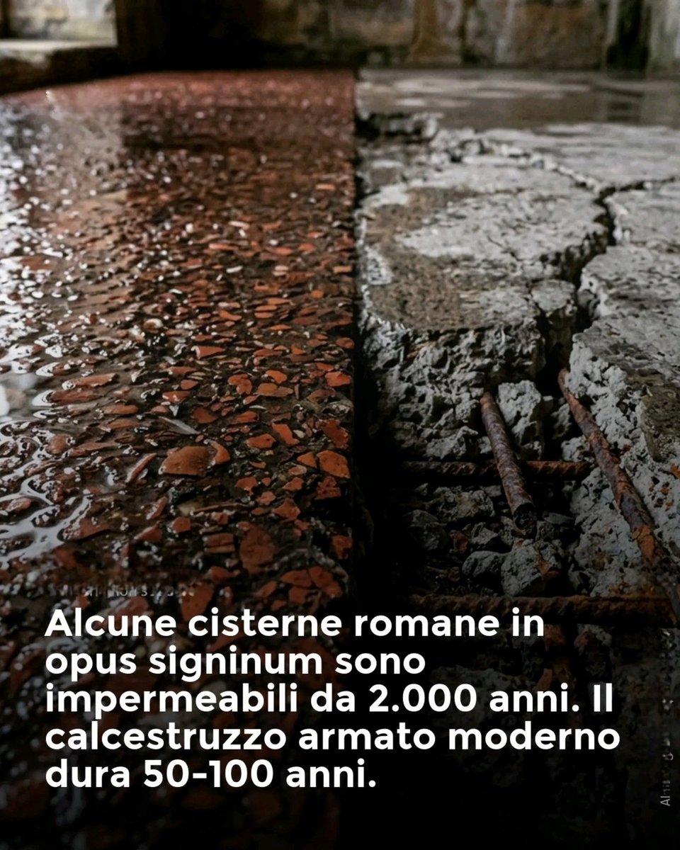 Il pavimento romano dura più di 2.000 anni. 
Il nostro cemento Armato, meno di  100.

Non è un'esagerazione. Alcune vasche e cisterne romane rivestite con opus signinum sono ancora idraulicamente intatte nessun cedimento, nessuna infiltrazione. Dopo duemila anni.

Il calcestruzzo