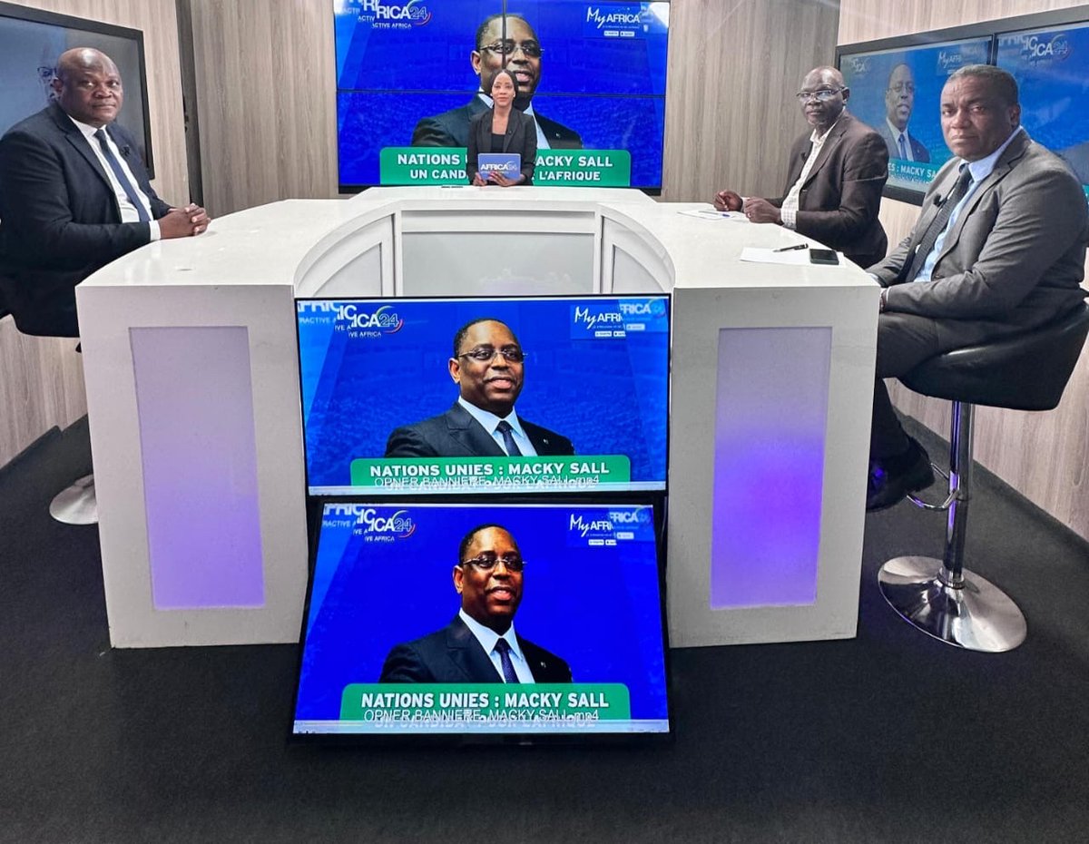 AFRICA24TV's tweet photo. AFRICA24TV - Nations Unies : Macky Sall un candidat pour l'Afrique

🎙️#Polititia analyse la vision de Macky Sall pour une revitalisation du multilatéralisme et la place de l'Afrique dans les hautes instances de décisions internationales.
Ancien président du Sénégal, ancien président de l'Union  africaine, Macky Sall porte un plaidoyer pour deux sièges permanents de *l'Afrique* au conseil de sécurité de l'ONU.

🗣️ Nos invités :
-Dr. Marc Essis, Directeur de l'Institut des Relations internationales et de la gouvernance 
-Dame Babou, Journaliste correspondant de Sud communication Sénégal
-Michel Beta, Fondateur du quotidien Le Bélier 
-Victor Djokouehi, Analyste politique 

🎙️#Polititia est l'unique magazine continental d’analyse des enjeux politiques du continent . En diffusion sur https://t.co/5SPeWkNlw1, sur l'application myafrica24 première plateforme de streaming HD en Afrique et sur Africa24 TV (249), Africa24English (254) du bouquet Canal+Afrique.

Avec le groupe Africa24 Ensemble transformons l'Afrique.