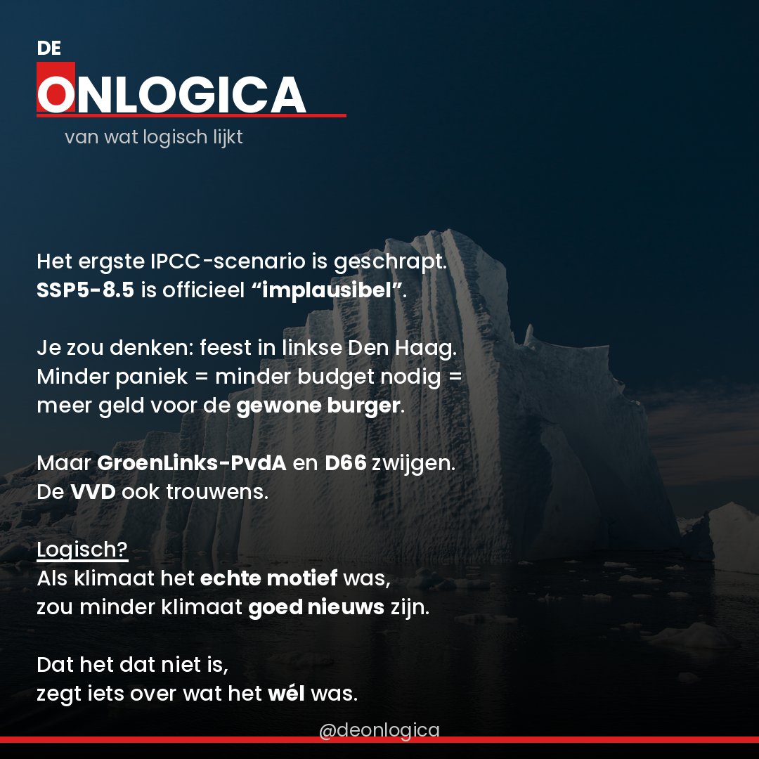 deonlogica's tweet photo. Het ergste IPCC-scenario is geschrapt. SSP5-8.5 is officieel "implausibel".
Je zou denken: feest in linkse Den Haag. Minder paniek = minder budget nodig = meer geld voor de gewone burger. https://t.co/ymMGi827jd