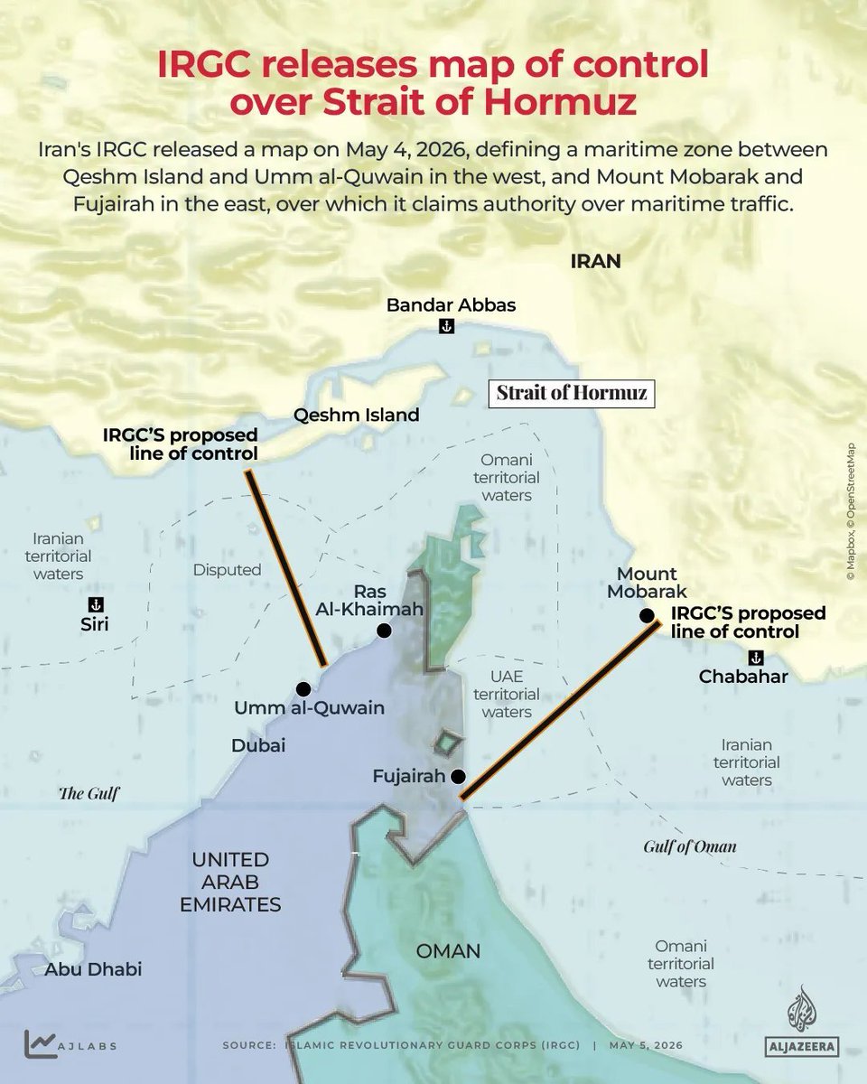 The IRGC released a new map of ​the strait ​with ⁠an expanded Iranian area of ⁠control.

claiming maritime authority over a zone stretching from Qeshm Island to Umm al-Quwain in the west, and from Mount Mobarak to Fujairah in the east.

That includes UAE territorial waters. 
It
