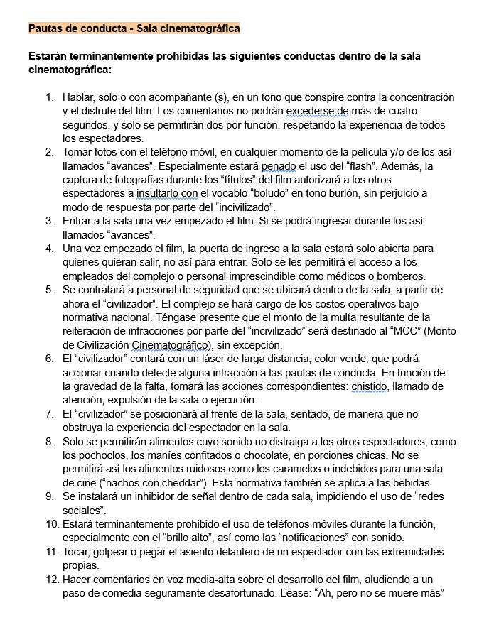 jmabranda's tweet photo. Luego de varias experiencias inaceptables en el cine, a través de mi experiencia y de terceros, propongo un nuevo código de conducta civilizador para las salas cinematográficas.

Sin fines lucrativos, estoy a disposición por cualquier modificación @INCAA_Argentina @datacultura https://t.co/YefUbqyyAb