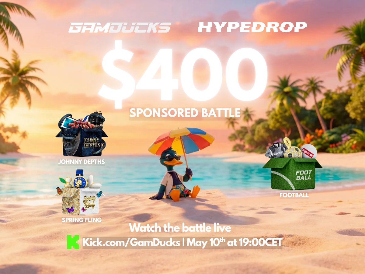 gamducks's tweet photo. 🏖️ $400 @HypeDrop Sponsored Battle + $25 X GIVEAWAY ☀️

This battle is RAFFLE BASED 🎟️

📅 Battle Date: May 10th at 19:00 CET
💰 Battle Amount: $400
🏆 3 WINNABLE SPOTS

For every $25 you deposit between now and May 9th at 23:59 CET under code GamDucks, you earn 1 raffle ticket. The more you deposit, the more tickets you get. No fixed limit.

• Post your HypeDrop username in the replies or send us a DM
We'll draw 3 winners who secure their spot in the battle 🌊

🔥 BONUS: Like + RT for a chance at $25
🎁 Make sure you're under code GamDucks on deposit or your tickets will not count.