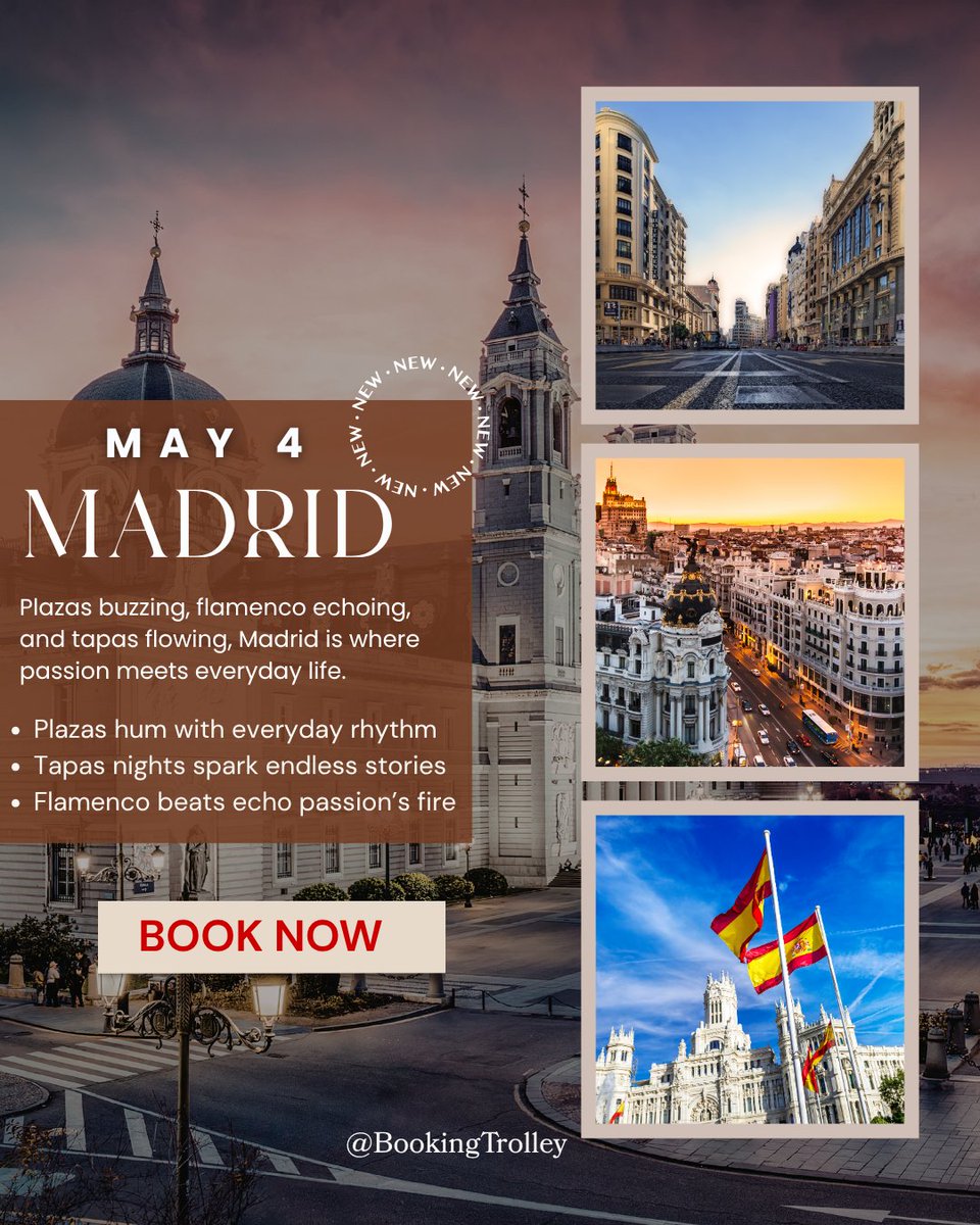 BookingTrolley's tweet image. Plazas buzzing, tapas flowing—Madrid is passion you can taste.
.
.
.
#Travel #Spain #Madrid #EuropeTravel #CityVibes #MadridLife #TapasTime #FlamencoNights #PlazaMayor #SpanishCulture #exploremore #travelgram #AdventureAwaits #TravelGoals #vacationgoals
