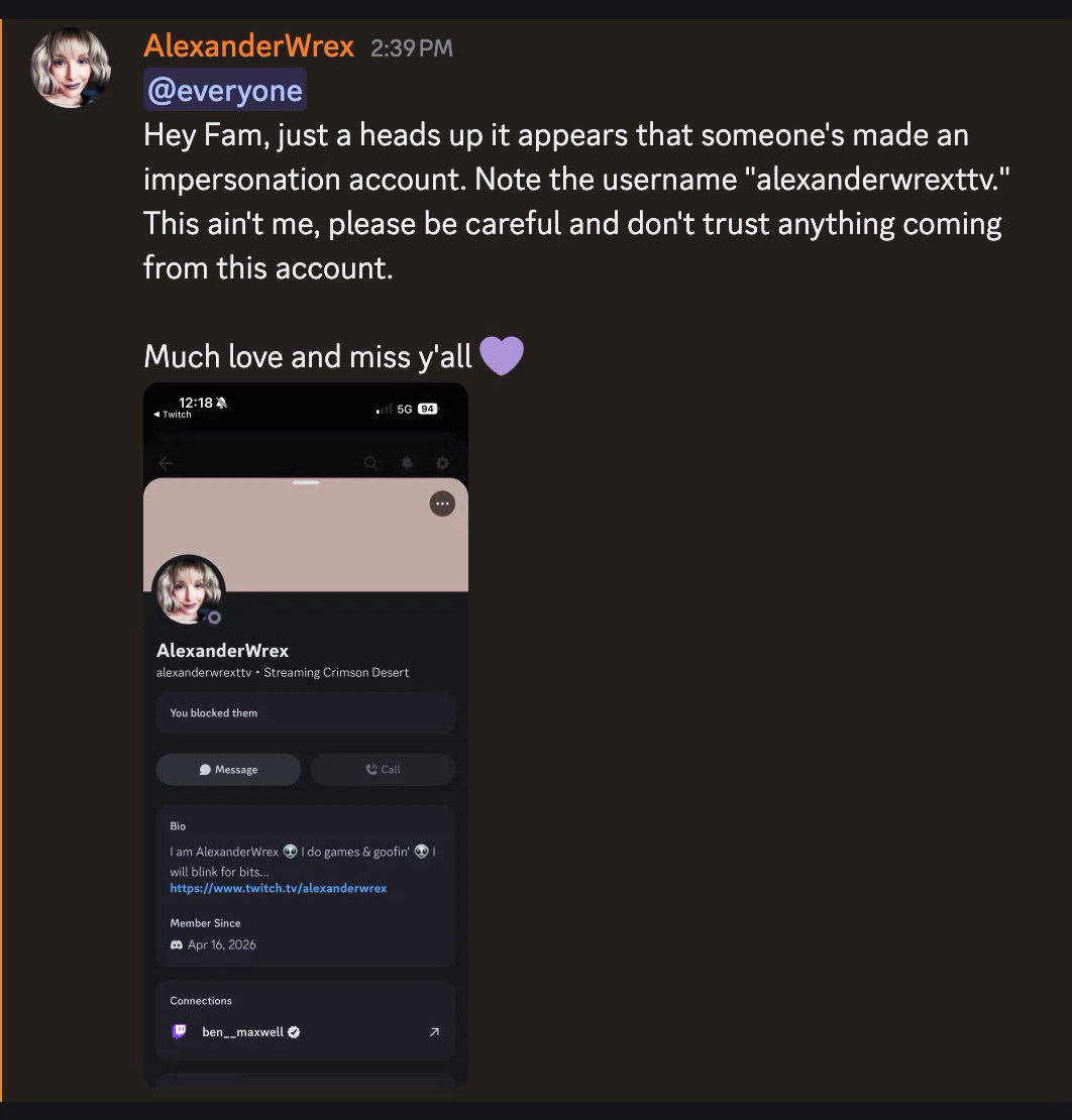 AlexanderWrex's tweet image. Heads up there’s an impostor in Discord. Stay safe and be sure not to trust anything from this account! Much love &amp;amp; miss y’all!!

#twitch #impostor #staysafe #famous kinda 🤭