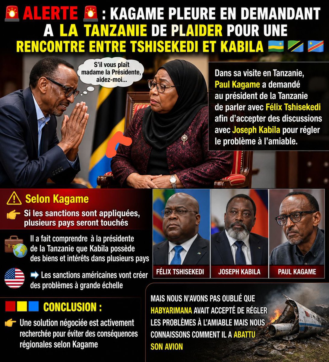 🚨 ALERTE  🚨 : KAGAME PLEURE EN DEMANDANT A LA TANZANIE DE PLAIDER POUR UNE RENCONTRE ENTRE TSHISEKEDI ET KABILA 🇷🇼🇹🇿🇨🇩 (partageons …) 

Dans sa visite en Tanzanie, Paul Kagame a demandé au président de la Tanzanie de parler avec Félix Tshisekedi afin d’accepter des discussions