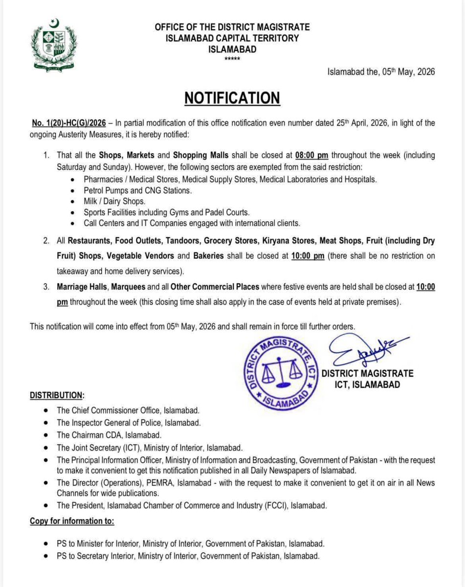 Ufaq_RM's tweet image. Authorities has introduced new business closing hours in #Islamabad, most shops and malls must shut by 8 PM, while essential services can stay open until 10 PM, effective from May 5, 2026. 🤷🤷🤷
