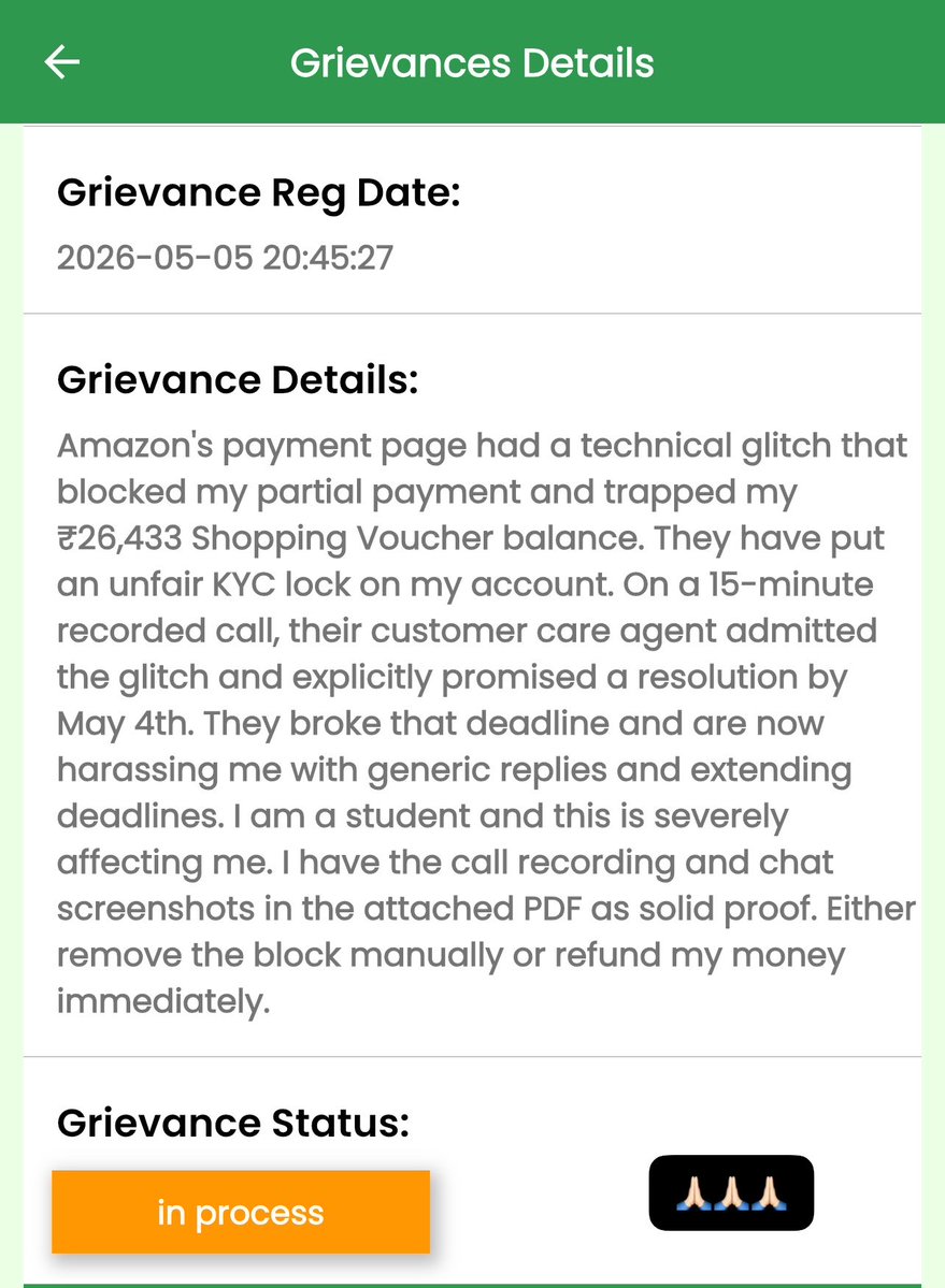 Adarsh_Agb's tweet image. UPDATE: Filed official NCH complaint as @AmazonHelp @amazonIN is still trapping my ₹26,433.

Docket No: 9251389

Stop the generic replies. I want my money back in my bank account NOW! @jagograhakjago @consumergoi #AmazonIndia #ConsumerRights