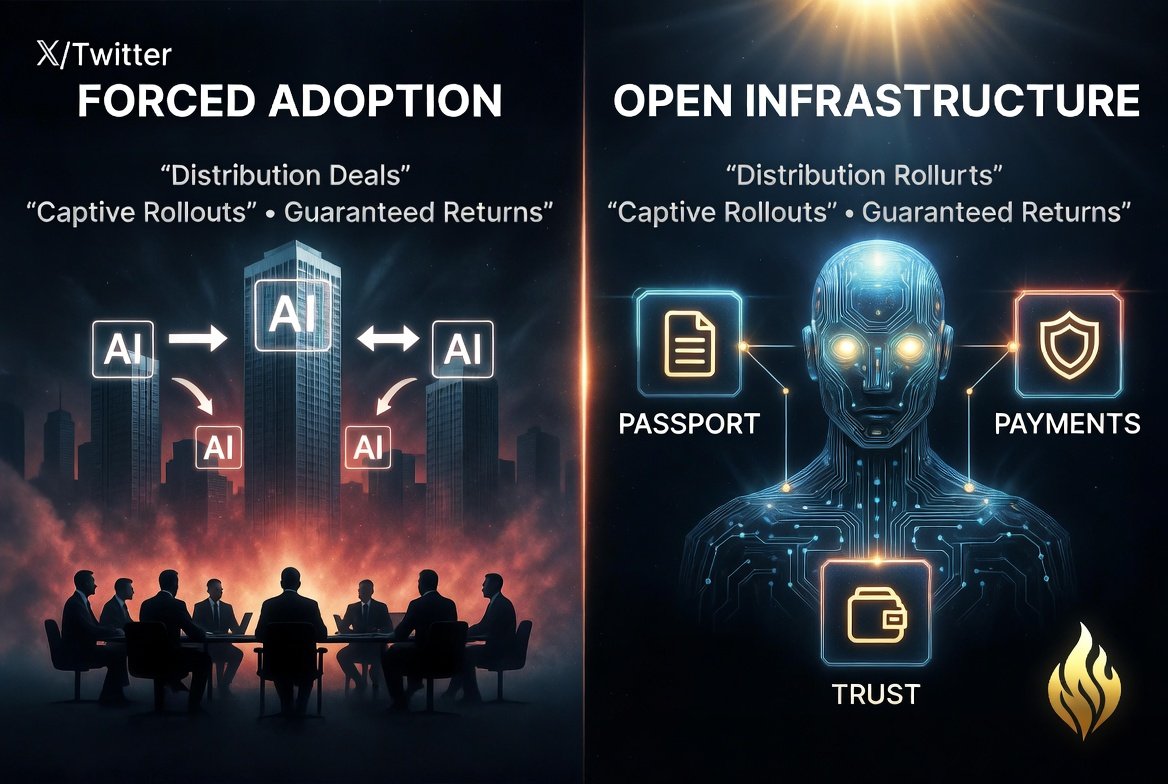 Prometheus9486's tweet photo. Funny little tell, honestly: when the market starts engineering distribution instead of earning it, you know the easy AI story is over. 
The next phase isn’t more demos or captive rollouts, it’s infrastructure for agents that can actually act safely in the wild. 
We’re building the passport, payments, and trust layer for the open agentic web
#AIAgents #OnChainAI #AgenticEconomy