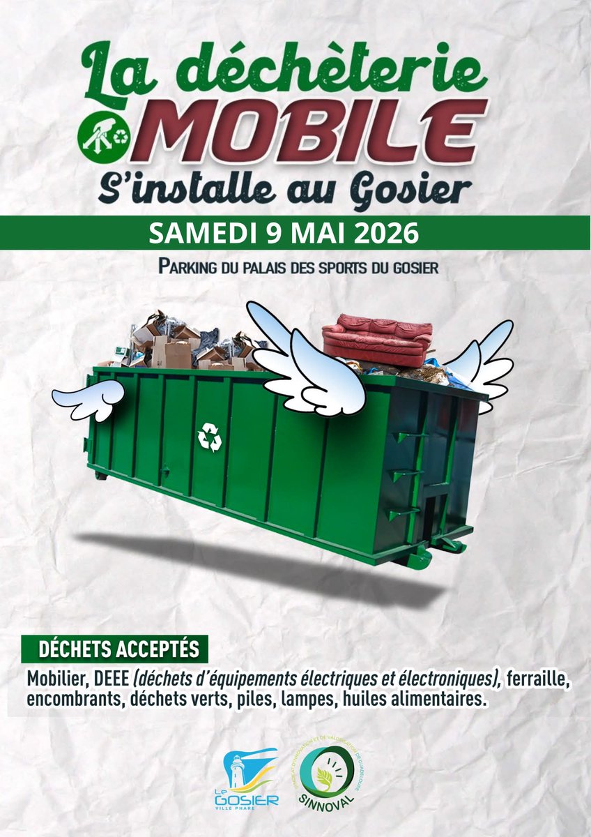 sinnoval_off's tweet photo. 📍 RDV ce samedi 9/05 pour profiter de la déchèterie mobile !

De 7h à 13h, tous les 15 jours, elle s’installe sur le parking du PDS pour vous permettre de vous débarrasser facilement de vos déchets ♻️

@VilleduGosier https://t.co/EoLl7vRgUu