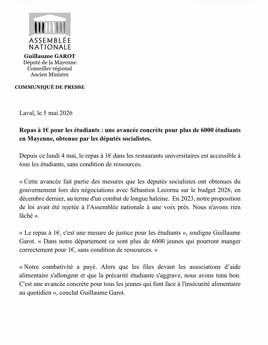 guillaumegarot's tweet photo. 6 000 étudiants en Mayenne bénéficieront désormais du repas à 1€. 

Une avancée concrète, obtenue par les @socialistesAN dans le budget 2026, pour faire reculer la précarité alimentaire. 
L’aboutissement d’un combat de longue date, mené autour de @KelouaF

Mon communiqué ⤵️ https://t.co/VwwuOo3CdU