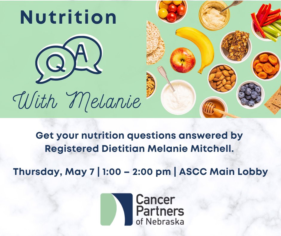 necancerteam's tweet photo. If you have questions about your nutrition, we invite you to stop by this Thursday, May 7, from 1-2 PM in the ASCC main lobby. We hope to see you there. https://t.co/1LGhCGNtTZ
