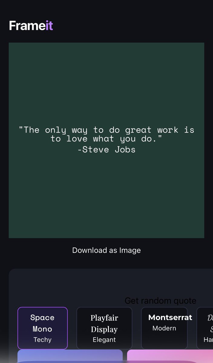 lucian_creative's tweet photo. day 4 of my quote card generator 🖼️
took a 2-day break, picked up where i left off. added:
• color swatches
• font size +/- (min/max)
• alignment + vertical position
• aspect ratios
• author toggle
• deployed on vercel 🚀
next: categories, random quotes, UI polish https://t.co/BeQVpwVqOb