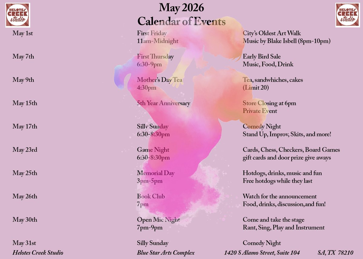 BlueStarComplex's tweet photo. Lots of events to stop by this month at Helotes Creek Studio, including their 5 Year Anniversary! Save the dates and see https://t.co/QEZ1BuOd9Z for more details! 🥳 https://t.co/QANiSTSKXA