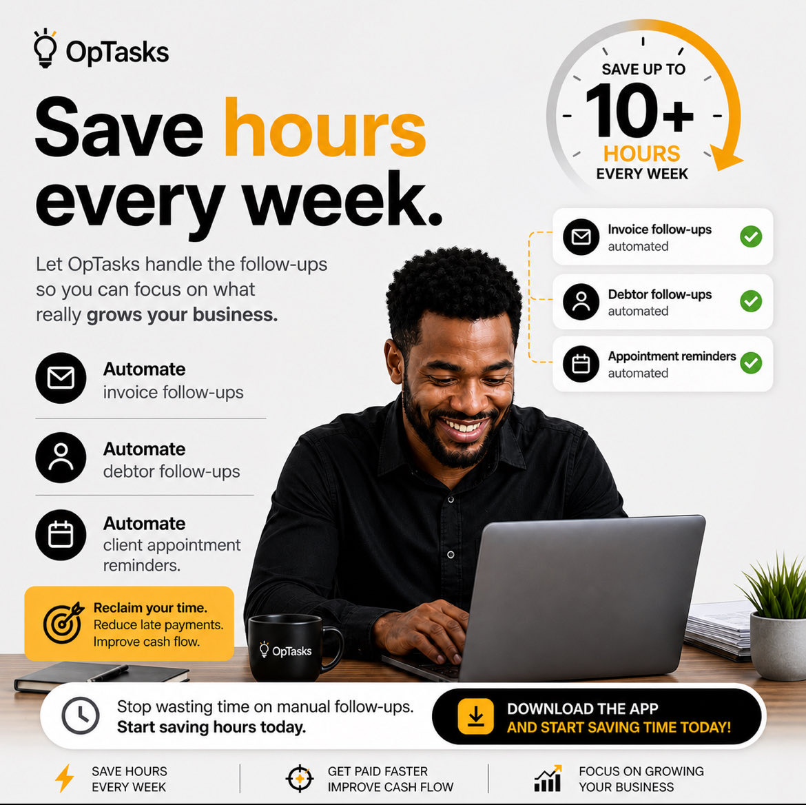 OpTasks's tweet image. OpTasks helps you save hours every week by automating payment follow ups, debtor follow ups and appointment reminders. 

Get the app today 👉  optasks.com

#freelancers #smallbusiness #invoicefollowup