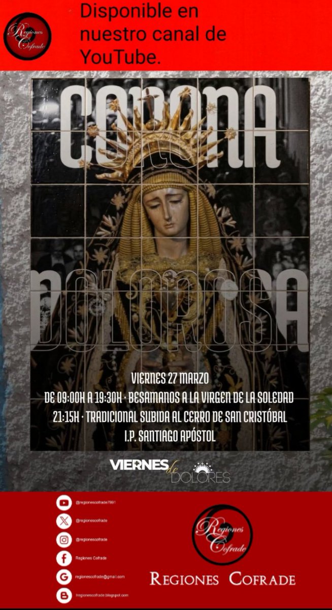 regionescofrade's tweet photo. Disponible en nuestro canal de YouTube el vídeo de la subida al cerros de San Cristóbal de la V. devla Soledad @Soledad_almeria el Viernes de Dolores con @sacraredemptio #regionescofrade https://t.co/frMtOBTR1Y