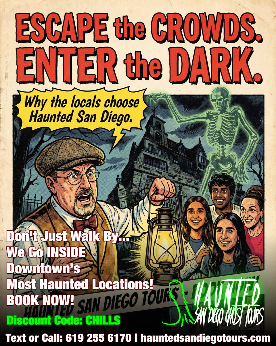 hauntedsdghosts's tweet photo. You have a choice tonight. Cram into a 40-person corporate tour group and stand on the sidewalk... or ride with the locals who actually take you INSIDE. 🚪🦇

Escape the crowds. Enter the dark.

👉 Book direct: https://t.co/3G2xi6D4MK https://t.co/i6zcaXj39v