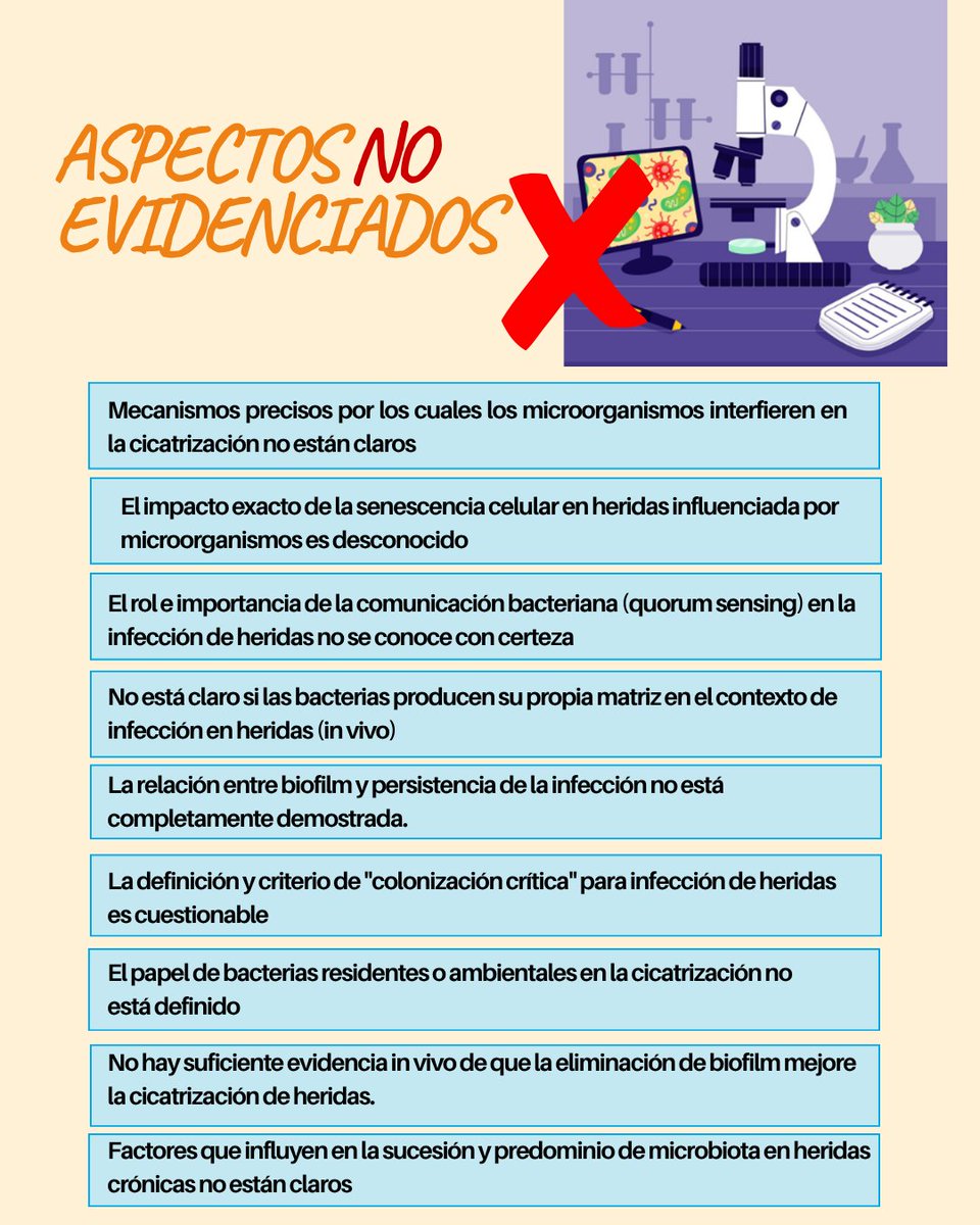 SEHERidas's tweet photo. La semana pasada compartimos los signos clínicos para identificar #biofilm.

¿Cuánto de lo que "sabemos" sobre biofilm tiene evidencia directa?

Te contamos en este post ✅ lo que SÍ está demostrado y ❌ lo que AÚN requiere más investigación🔬

🌎El reto mundial de las heridas crónicas crece, y este trabajo subraya la urgencia de más investigación basada en evidencia para definir el papel exacto de los #microorganismos y avanzar hacia tratamientos más efectivos y personalizados.