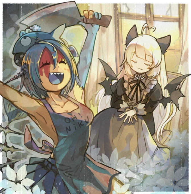 skebありがとうございました!!!! ギリギリでたいへん申し訳… 綺麗げな廃墟を見付けてヤッター!一休み!的なイメージで描かせていただきました 可愛らしいお二人で描かせていただいていてとても楽しかったです…!