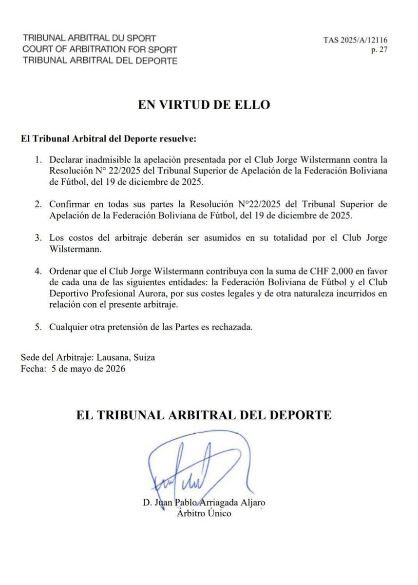ramirocamacho1's tweet image. #TribunalArbitral
Se acabó la espera el #TAS falla en contra de @WilstermannOfic. Ahora deberá competir en la #AFC para lograr su clasificación a la próxima edición de la #CopaSimónBolívar del 2027. Duró camino para otro grande del fútbol 🇧🇴.