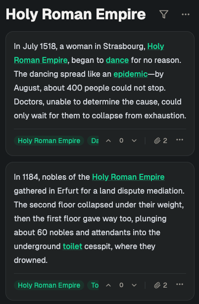 __hevin's tweet photo. Here's the part I love most.

A tag isn't a label. It's a topic page. Click "bamboo" and you see every fact tagged "bamboo." As people add cards, the topic page gets richer on its own. The wiki self-organizes. https://t.co/xpRiMF0lxg