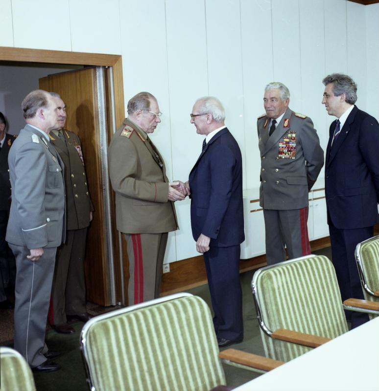 Dmitry Ustinov in East Berlin, with Erich Honecker, 1984.