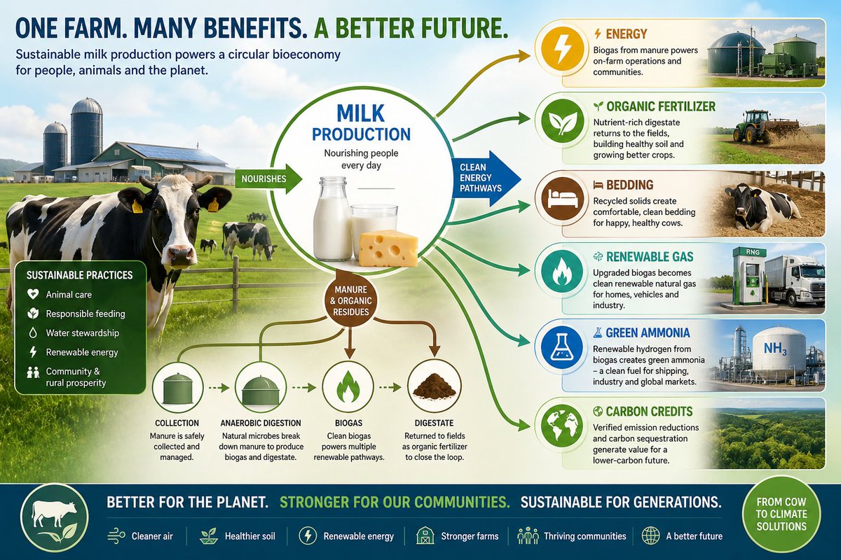 🐄♻️ Dairy manure can become a powerful new income stream.

With biogas technology, farms can produce:

⚡ Energy
🌱 Organic fertilizer
🛏️ Bedding
💨 Renewable gas
🧪 Green ammonia
🌍 Carbon credits
Waste is no longer a cost.
It’s a business opportunity.
#Biogas #DairyFarming