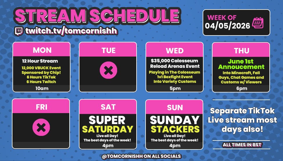 tomcornishh's tweet photo. NEW WEEK📅Check it out👇

✅12 Hour Stream (was yesterday)
🏆$35,000 Colosseum 1v1 Boxfight Event
🥳 June 1st Announcement
👀 NEW Super Saturday
📈 Sunday Stackers 

Plus separate streams most days on TikTok!🔴 https://t.co/dGUlg4FvgS