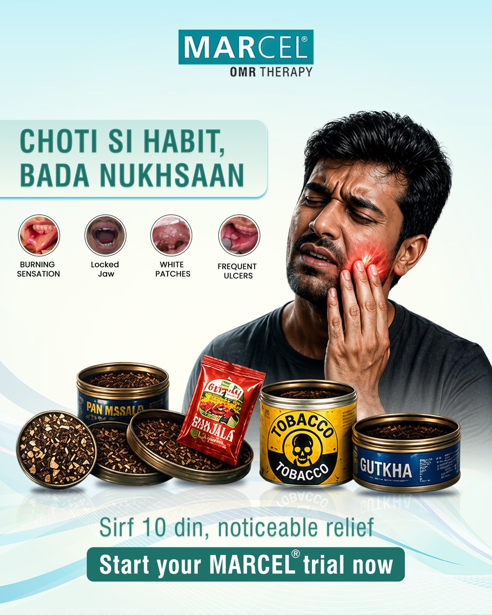 TherapyMarcel's tweet photo. A small habit… but big damage ⚠️

That quick chew today can mean pain tomorrow. Gutkha, tobacco &amp; pan masala can cause burning, white patches, ulcers &amp; restricted jaw.
Quit the habit - but also heal.

With Marcel OMR Therapy, get noticeable relief in just 10 days. https://t.co/LAG93Pzyao