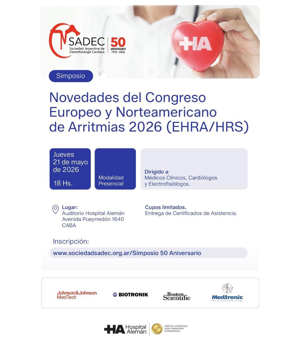SADECOFICIAL's tweet photo. Simposio SADEC 50° Aniversario

Novedades del Congreso Europeo y Norteamericano de Arritmias 2026 (EHRA/HRS)

Jueves 21 de Mayo - 18:00hs

Auditorio Hospital Alemán - Avenida Pueyrredón 1640 - CABA

Inscripciones: https://t.co/91eizzSfsq https://t.co/1Oy4622mnj