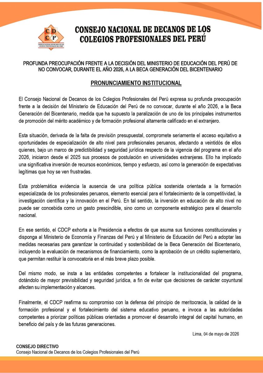 📢 ¡DEFENDAMOS EL TALENTO PERUANO!

Desde el CMP, rechazamos la suspensión de la #BecaGeneracióndelBicentenario 2026. Esta decisión del <a href="/MineduPeru/">Ministerio de Educación</a> trunca el futuro de profesionales que ya iniciaron sus procesos en el extranjero y debilita la investigación científica. 🩺🇵🇪