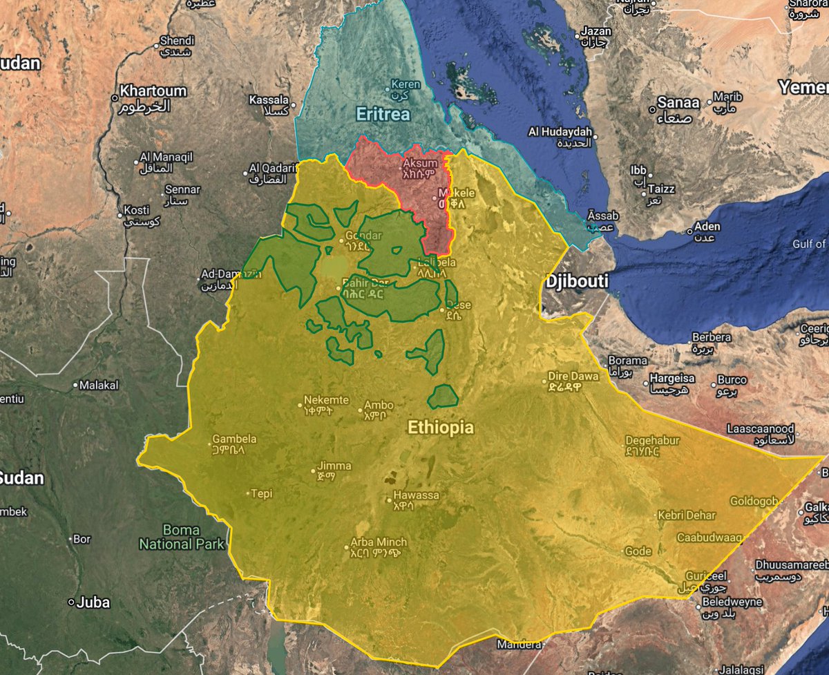 MapEthiopia's tweet photo. 🚨MAP UPDATE🚨
-United ENDF control into a single shape
-Added Fano areas of influence (subject to change)
-Simplified borders to increase load times
-Cleaned areas of control 
Link in next post. https://t.co/yzhluCD5iU