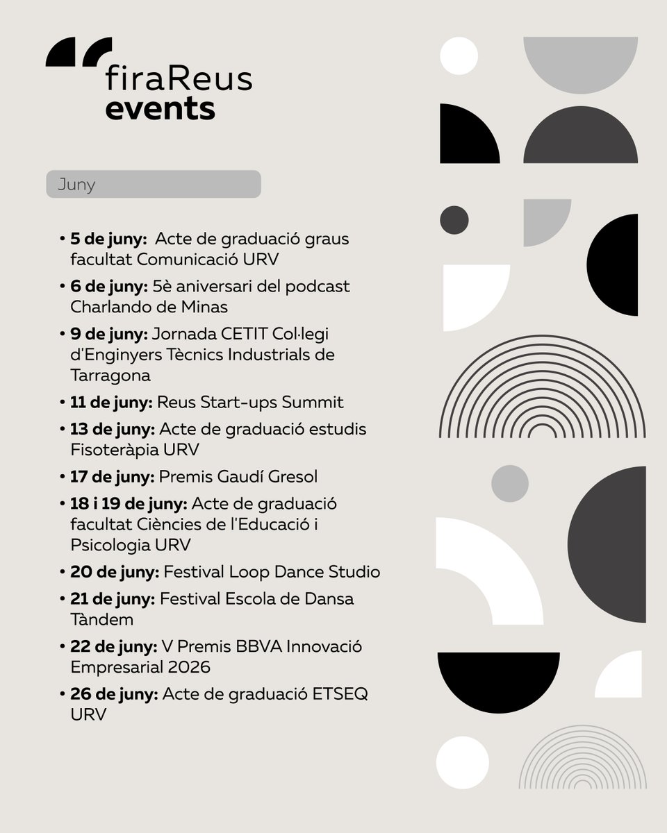 firaReusEvents's tweet photo. 📣 El segon quadrimestre, les instal·lacions de  #firaReusEvents acolliran diversos congressos, jornades professionals i esdeveniments.

 📲  Si vols estar al dia de la nostra activitat consulta: https://t.co/ZeIMB3AusP

 #OurPlaceOurteamYourSuccess #REDESSA @reus_cat https://t.co/UqaDaFHNtm