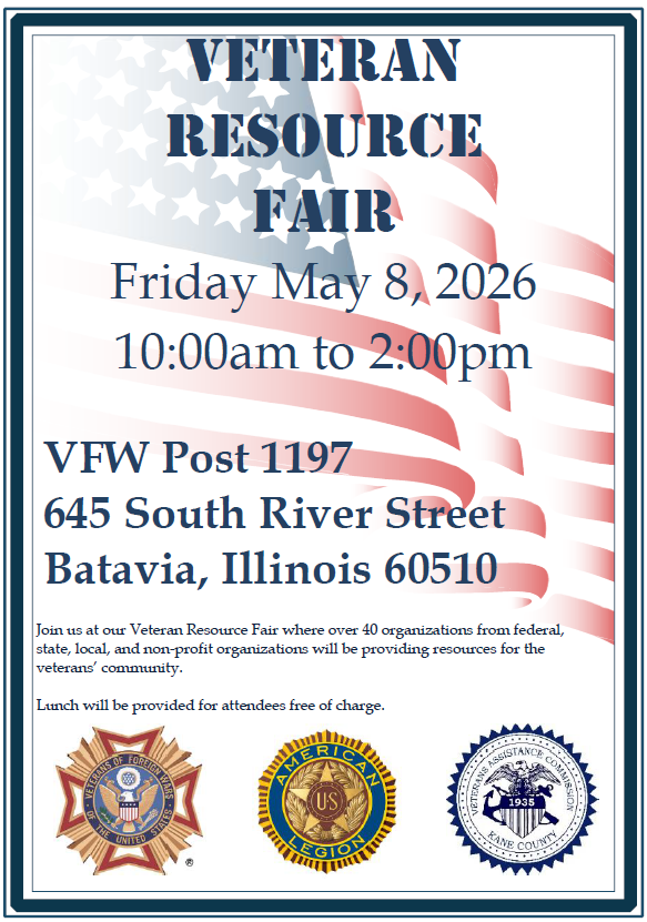 KaneVAC's tweet photo. THIS FRIDAY - Come to the @vfwbatavia1197 for the Veterans Resource Fair and find out what is available to you from over 40 vendors serving the veteran community! https://t.co/J7rA7qDvK1
