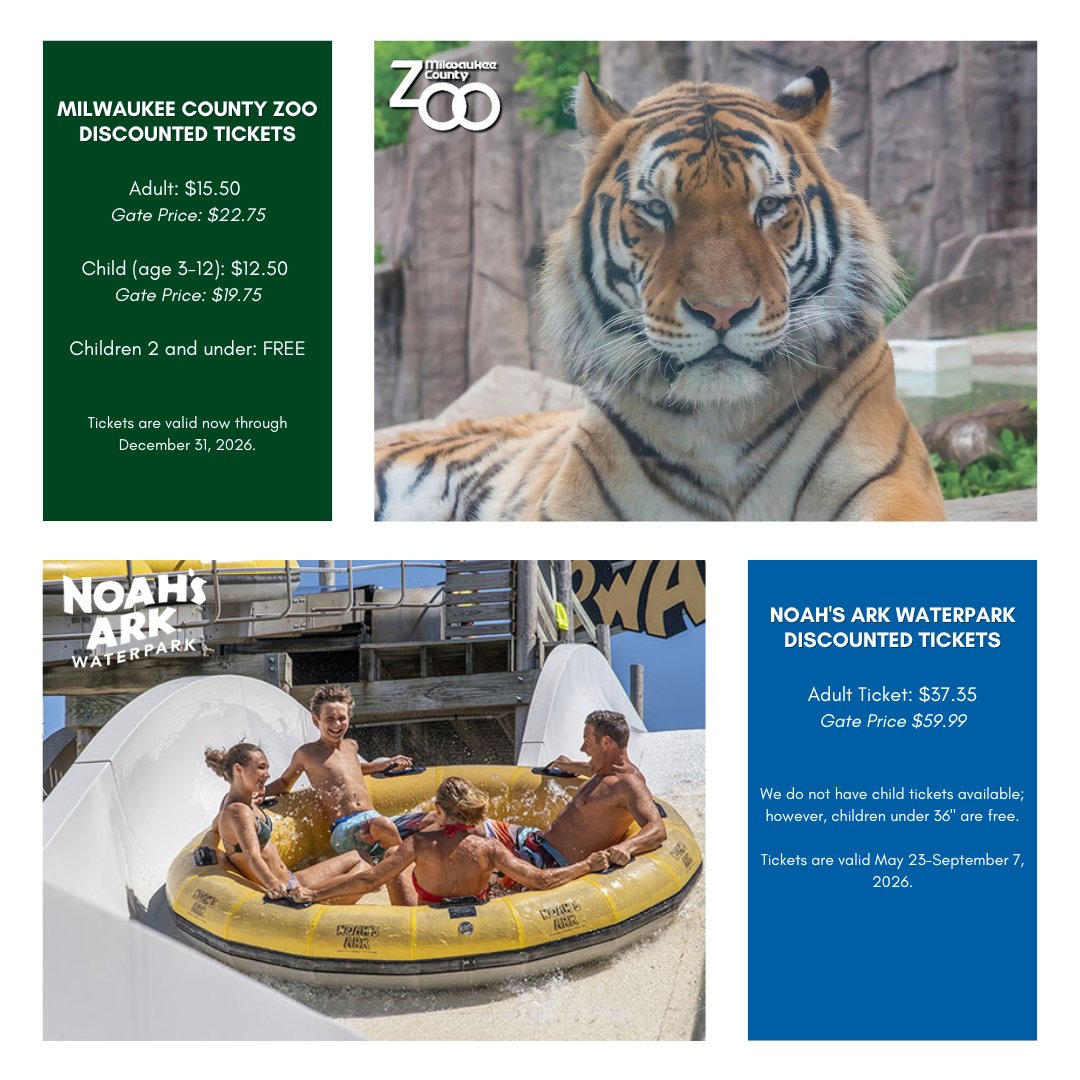 GreenBayPRF's tweet photo. Discounted Milwaukee County Zoo &amp; Noah's Ark Waterpark tickets are now available!🐘🌊

Cash or credit cards (Visa, Master Card, or Discover) can be accepted for payment, no checks. Tickets cannot be mailed &amp; must be purchased in our City Hall office (100 N Jefferson St, rm 510). https://t.co/ViwH7SxMIO