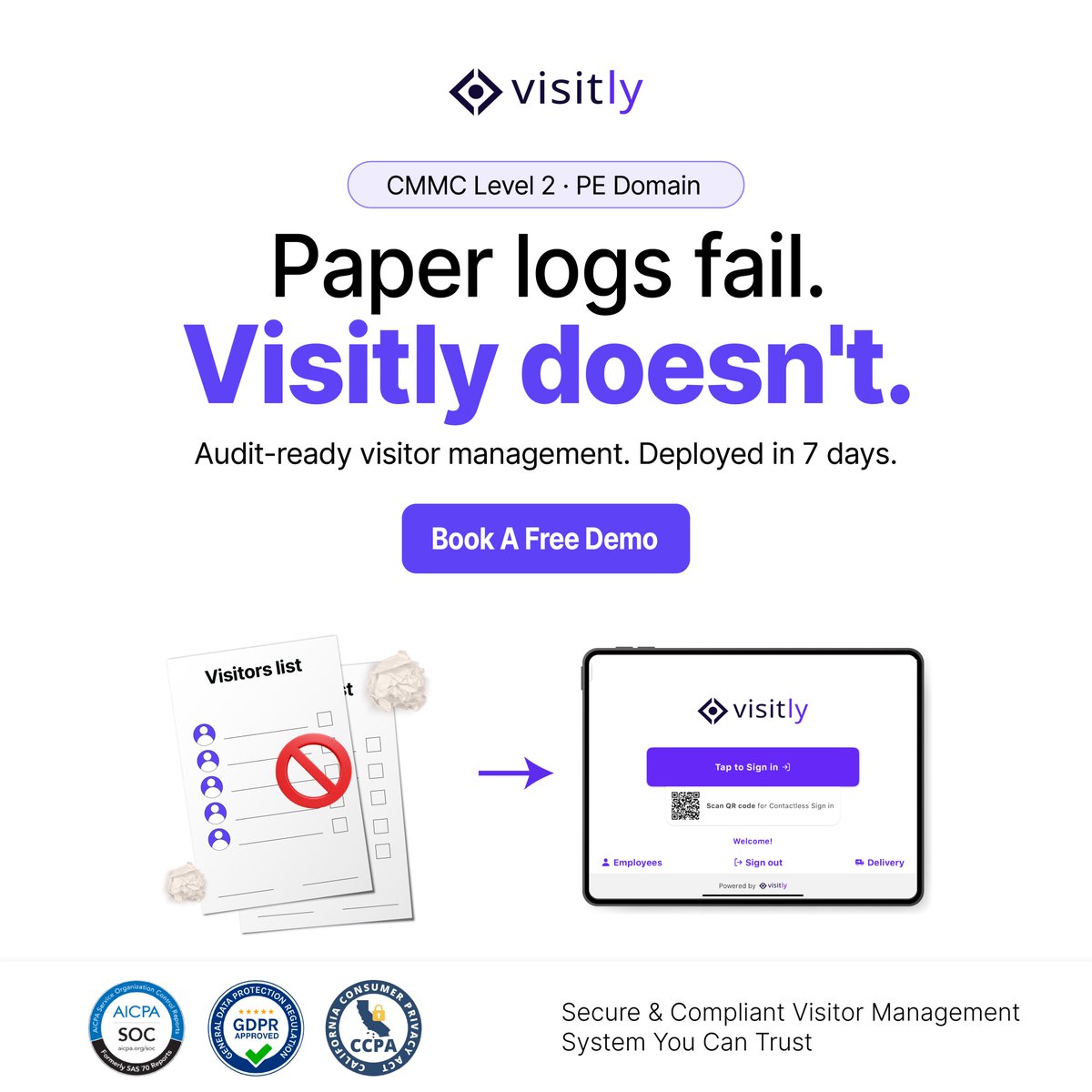 visitlyio's tweet photo. No more scrambling for missing sheets. 
No more illegible signatures.
Just audit-ready data at your fingertips.

Book A Demo and close your PE domain gaps today. https://t.co/GFNWJwF548

#CMMC #VisitorManagement #CyberSecurity #GovCon #OfficeSafety https://t.co/xXQNeMMIF5