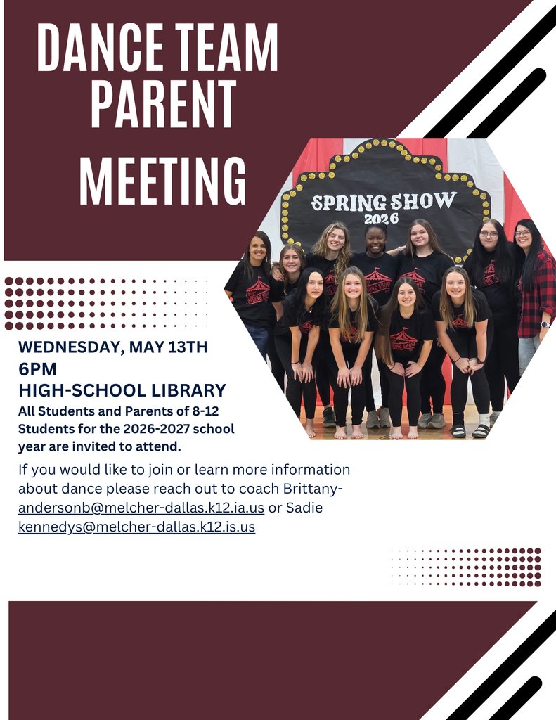 CsdDallas's tweet photo. There will be a Dance Team Athlete and Parent meeting 5-13 at 6pm 
Any students interested in dance grades 7-11 this school year are invited to attend. https://t.co/fslbRxooGa