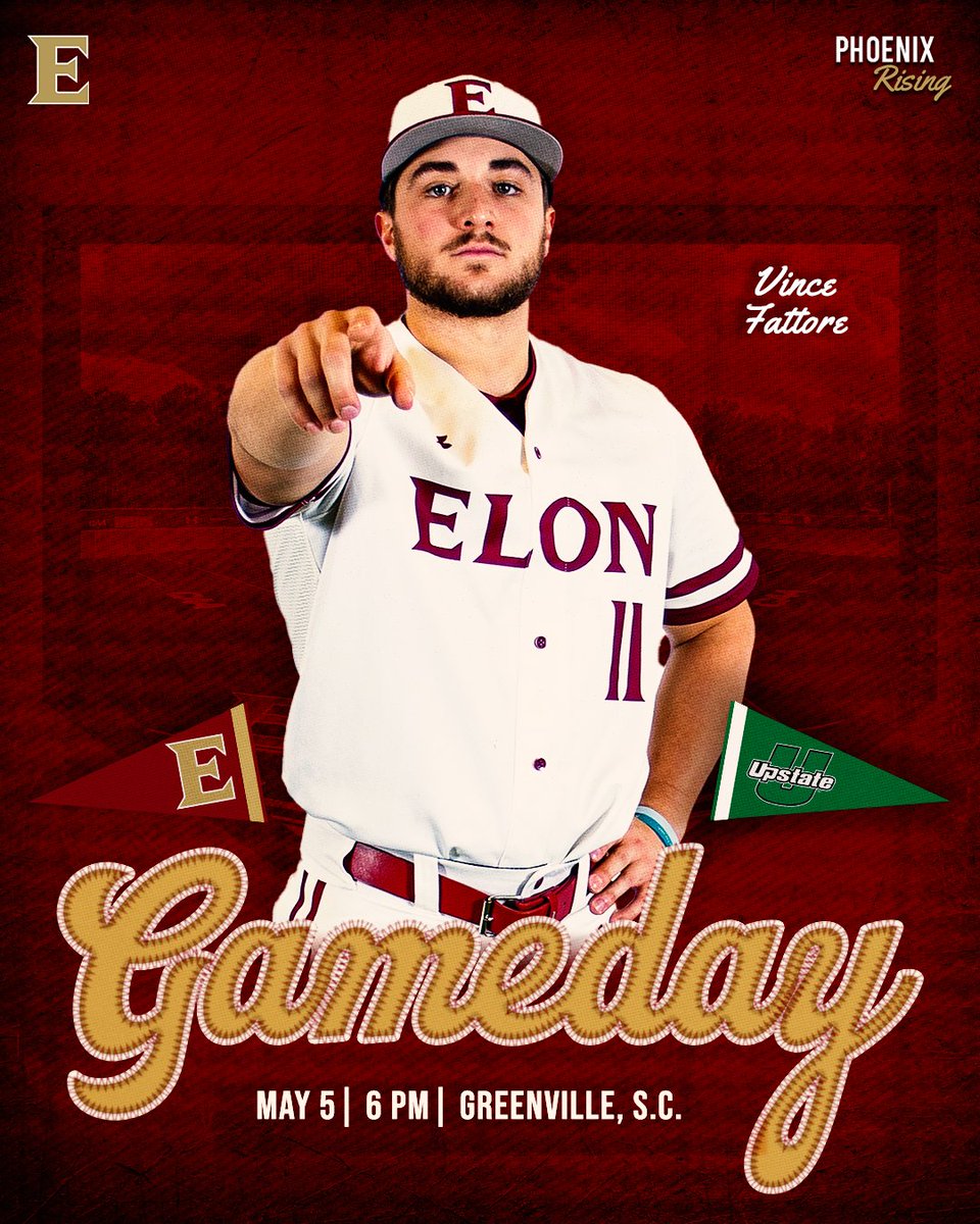 ElonBaseball's tweet image. Palmetto State bound. 

🆚 USC Upstate
🕕 6 p.m. 
📍 Greenville, S.C. 
🏟️ Fluor Field
📺 tinyurl.com/th9e5scu
📊 tinyurl.com/5c9wkjjc

#PhoenixRising | #GoldStandard