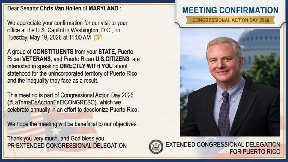 FuerzaDPueblo's tweet photo. WE WILL VISIT YOU!
SENATOR @ChrisVanHollen
🗓️Tuesday May 19 2026
🕚11:00 PM
📍Your Office at US CAPITOL WashingtonDC🇺🇸
#PRStatehood🇺🇸🇵🇷 @delegates51 #OperacionJerico https://t.co/UEhgXXMt6t