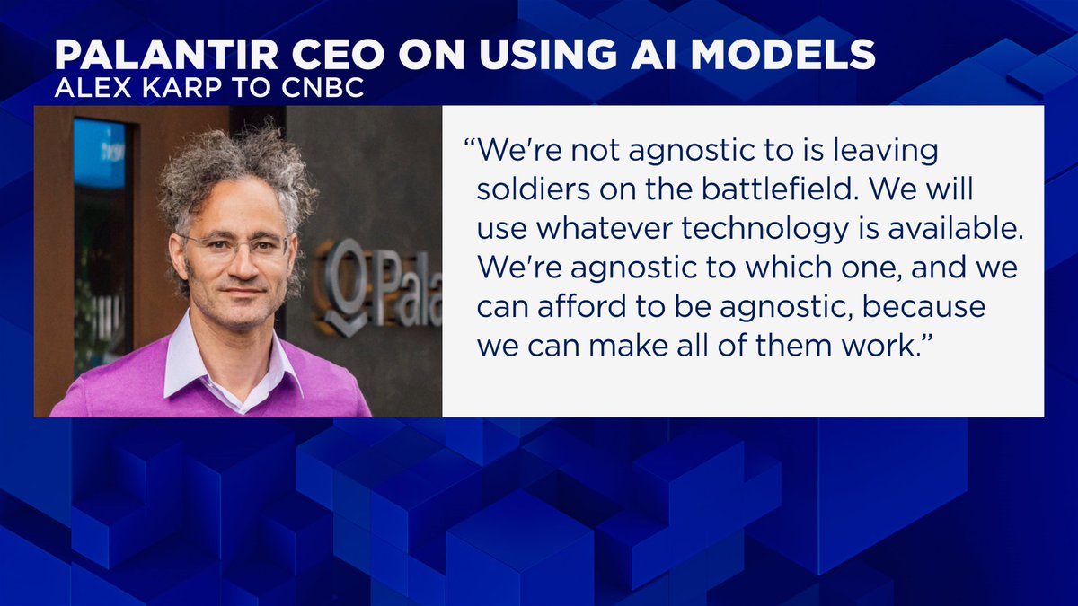 seemacnbc's tweet photo. Palantir CEO Alex Karp tells me "LLMs are commodities" and that he's agnostic on which one the companies uses. Comments follow DoD's continued dispute w/ Anthropic. $PLTR #OAI #defense https://t.co/mkHaVlmYdI
