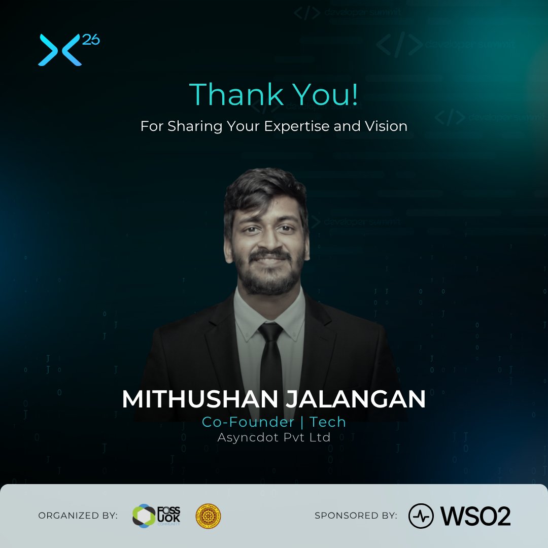 FOSSUOK's tweet photo. Thank You for an Inspiring Session! 🚀

We sincerely appreciate Mithushan Jalangan, Co-Founder/Tech at Asyncdot Pvt Ltd, for delivering an insightful session on AI Agents &amp; Workflow Automation at Developer Summit ’26. https://t.co/IHJ0U2LQlS