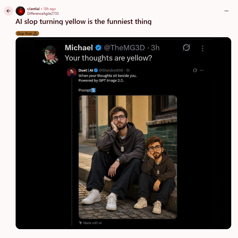 Yo, <a href="/TheMG3D/">Michael</a>, you're about to be target of Anti-AI assholes and once again, <a href="/Reddit/">Reddit, Inc.</a> allows harassment and insults, but God forbid you try to complain or you will be banned and "canceled".