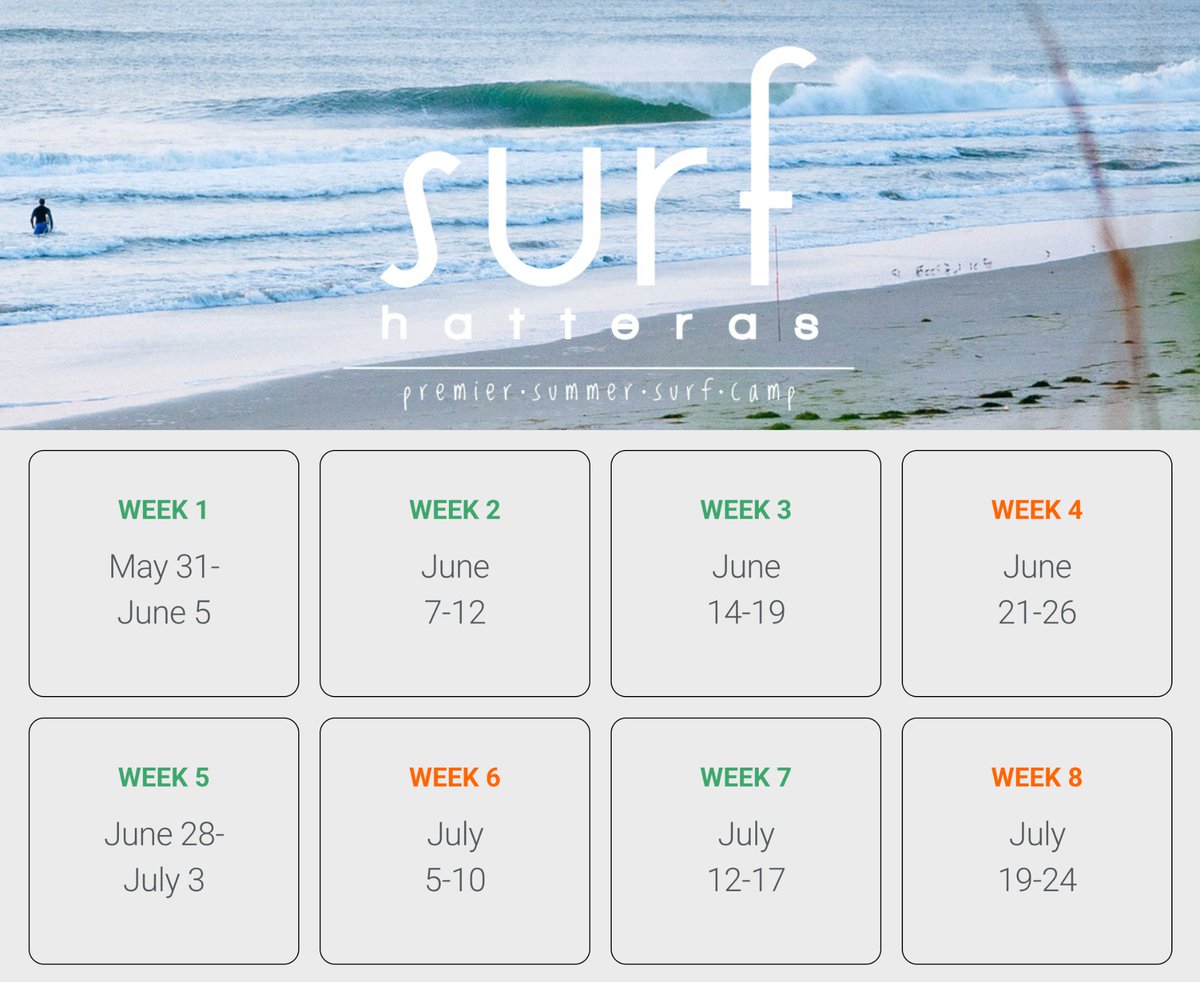 rossbyrd's tweet photo. Our family’s destination surf camp for kids (ages 12-18) in the Outer Banks, NC has had some random cancellations recently. It’s rare to have open spots this time of year with our massive waitlist, so I figured I’d post the open weeks (in green) here if anyone is interested.

My wife and I started Surf Hatteras 20 years ago. It’s a high-end, family-style adventure camp on Hatteras Island. No phones, home-cooked meals, empty beaches, best waves on the east coast. All surfing levels welcome, even pure beginners. 1:2 staff to camper ratio. Transportation to and from the airport included. Cheers!
https://t.co/DecrgTpabK
