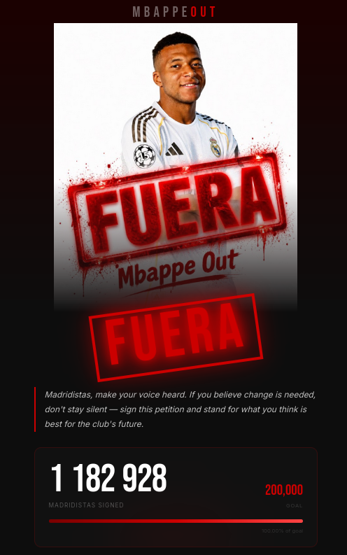 1 200 000 signatures en quelques heures !

C'est le score affiché par la "pétition" lancée hier pour éjecter Killian Mbappé du Real Madrid.

Tout le monde s'extasie sur le chiffre.
Personne ne se demande comment c'est "techniquement" possible.
Spoiler : ça ne l'est pas...👇

👉🏾La