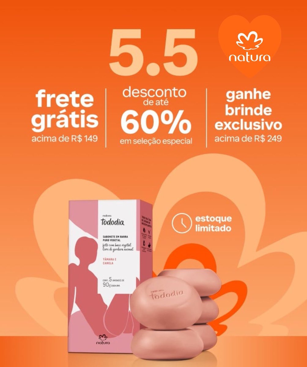 5.5 NATURA🧡✨

Ganhe Frete Grátis + 60% OFF + BRINDE EXCLUSIVO 🥳

🏷️Use o cupom: MAIO ou MAE 

Aplica através do meu link⤵️
🔗 minhaloja.natura.com/c/data-dupla?i…