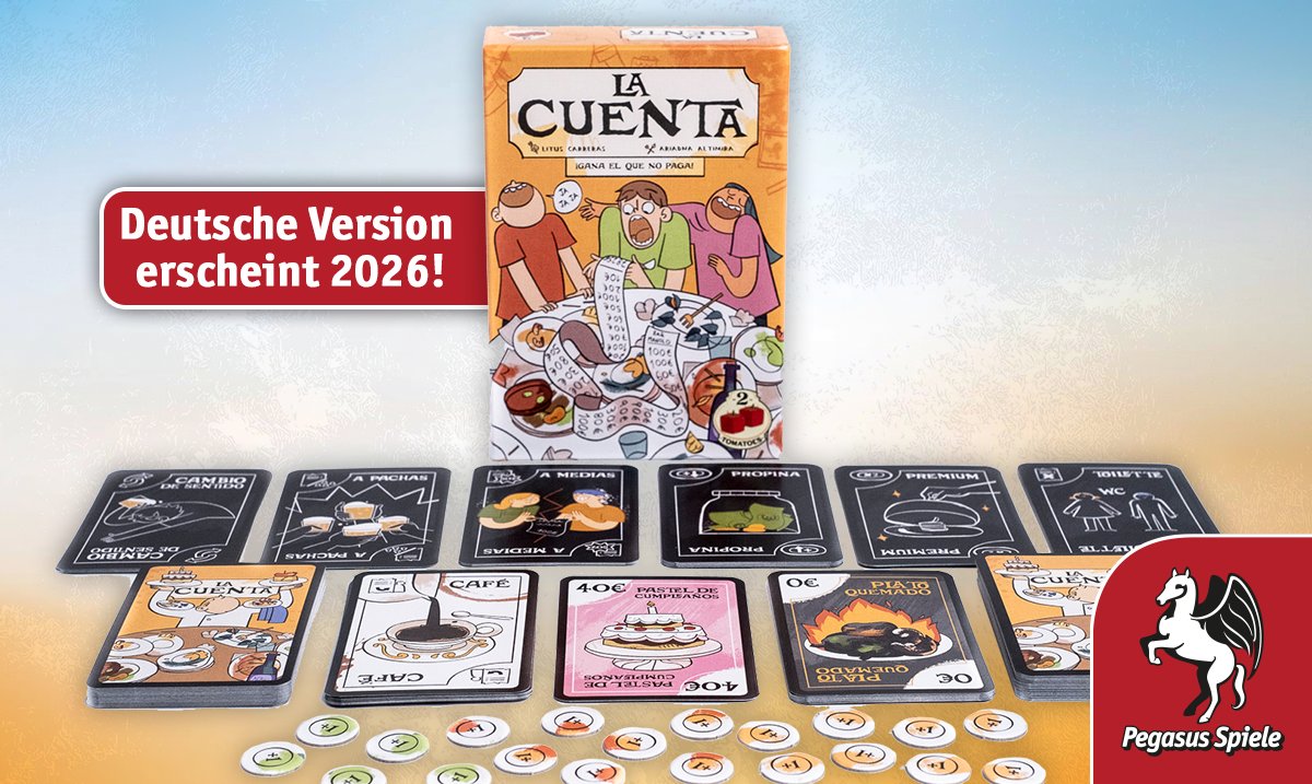 pegasusspiele's tweet photo. Leckere Tapas, erlesener Wein und die Rechnung übernimmt jemand anderes? Im Kartenspiel LA CUENTA von @2TomatoesGms spielt ihr verschiedene Gerichte, nutzt die Sonderkarten und lasst wen anderes zahlen! Die deutsche Version von LA CUENTA erscheint bei uns noch dieses Jahr! https://t.co/3mj6mZhn9s
