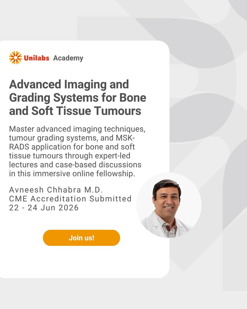 academy_tmc's tweet image. 🦴 Looking to master advanced imaging of bone and soft tissue tumours? Join us!

⏳ Limited-time offer: €850 if you register by May 21st
🔗 Registration link in the comments!
📧? academy.radiology@unilabs.com

#radiology #msk #MRI  #radiologyeducation #cme #unilabsacademy
