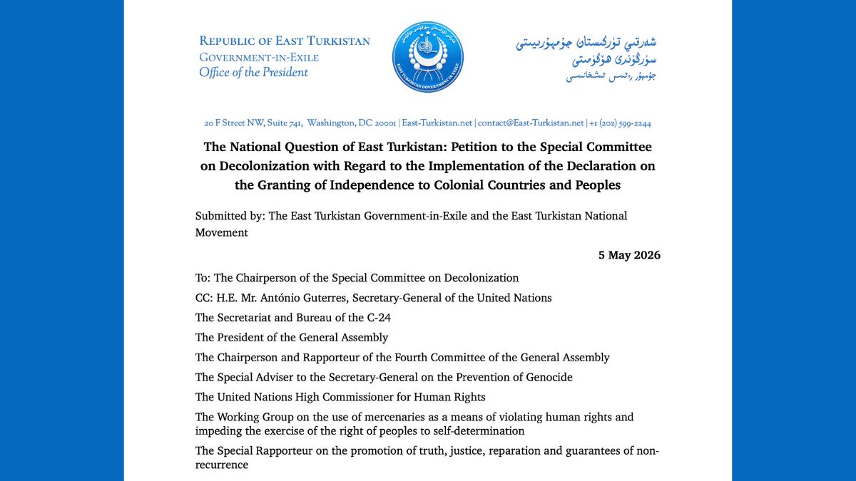 ETExileGov's tweet photo. 🇺🇳East Turkistan Confronts China as Colonial Power in UN Decolonization Petition

WASHINGTON, D.C. — The East Turkistan Government-in-Exile (ETGE) and the East Turkistan National Movement (ETNM) today submitted a petition to the United Nations Special Committee on Decolonization (C-24), formally requesting for the first time that the Committee recommend to the General Assembly the inscription of East Turkistan as a Non-Self-Governing Territory. Inscription would trigger a binding international framework obligating the United Nations to oversee East Turkistan’s path toward self-determination. No state or entity has ever formally challenged China as a colonial power before any UN body. Until today.

East Turkistan, which the Chinese government designates “Xinjiang,” meaning “New Territory,” had a functioning independent state, the East Turkistan Republic, when China invaded and occupied it in late 1949. No treaty of cession, no plebiscite, and no instrument reflecting the free and genuine will of its peoples has ever legitimized Chinese control. In seventy-six years of occupation, Chinese settlers grew from under 5 percent of the population to over 42 percent, while the native Turkic population fell from over 90 percent to roughly 55 percent.

“More than eighty nations achieved their independence through the decolonization framework,” said Dr. @MamtiminAla, President of the ETGE. “Today, the peoples of East Turkistan formally assert that same right before the United Nations.”

The genocide of Uyghurs, Kazakhs, Kyrgyz, and other Turkic peoples is entering its thirteenth year later this month. Every existing human rights accountability mechanism has failed:

The UN Office of the High Commissioner for Human Rights concluded in August 2022 that the abuses “may constitute crimes against humanity.”

The United States Government and a dozen Western parliaments have recognized the atrocities as genocide and crimes against humanity.

The International Criminal Court has failed to open a formal investigation despite four submissions of evidence since 2020.

Mass internment, credibly documented organ harvesting, forced sterilization, and the separation of nearly one million children from their families continue.China’s own five-year plan for the occupied territory projected 13.75 million forced labor transfers between 2021 and 2025. In January 2026, UN Special Rapporteurs warned that actual numbers have exceeded even that projection and that the transfers “may amount to enslavement as a crime against humanity.”

“The ongoing genocide is rooted in China’s colonial occupation of East Turkistan,” said @SalihHudayar, Foreign Minister of the ETGE and President of the ETNM. “Decolonization and the restoration of our independence is the only effective guarantee of our people’s survival.”

China is not only committing genocide, it is working to make its colonial domination irreversible. On March 12, 2026, the National People’s Congress adopted the “Law on Promoting Ethnic Unity and Progress,” codifying the erasure of distinct peoples and cultures into a single Chinese identity. As the 25-page petition declares: “The era of colonialism has not ended. It is being legislated.”

The petition makes eight formal requests, including that the General Assembly:

1. Designate the PRC as the occupying power over East Turkistan, which the petition establishes is the largest colonial territory on earth by both population and area;

2. Affirm the inalienable right of the peoples of East Turkistan to self-determination and independence; and

3. Address China’s conflict of interest as a permanent Security Council member and participant in the very committee mandated to oversee decolonization.

The full petition is available here: https://t.co/mnDBND9tsn