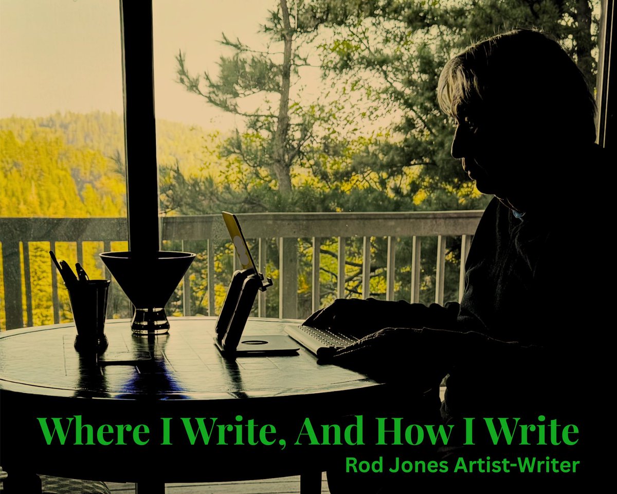ThoughtRowVign's tweet photo. My writing setup has no candles. No playlist. No coffee. Just a round leather-top game table, green chess board surface, black painted frame, that I bought at a consignment store in Palm Springs. It now sits in a mountain house next to floor-to-ceiling sliding glass doors looking out into the forest. 
.
I’ve watched all four seasons through that glass. In summer I open the slider and write with a cool mountain breeze coming through. In winter, icicles hang from the deck above like crystal stalactites.
.
I spent years as a commercial photographer. Large studio. Fashion, food, celebrities, top models, successful executives. That career trained me to be observant, to find the detail that contains the whole story. I carry that same instinct into short fiction now.
.
People are sometimes surprised to learn I don’t read other authors. I used to. But other people’s voices were starting to crowd out my own, so I stopped. 
.
I also pay attention differently than most writers, walking through a shopping mall, overhearing fragments of conversation, watching how people actually talk to each other. That’s where dialogue comes from.
.
What I write comes entirely from lived experience, visual memory, and observation. No borrowed style. No AI.
.
My actual setup: iPad Pro, Magic Keyboard, a lavalier mic for dictation, and Google Docs. Everything fits in a Think Tank bag when I’m on the road.
.
The stories that come out of that table are published in Thought Row Vignettes, short fiction written the old-fashioned way, flaws and all.
.
If you’re spending too much time doom scrolling, a well-told short story is a good way out of it.
.
https://t.co/Tmy2g83jiE
.
.
#shortstories #fiction #thoughtrowvignettes #rodjonesartistwriter #stopthescroll #doomscrolling