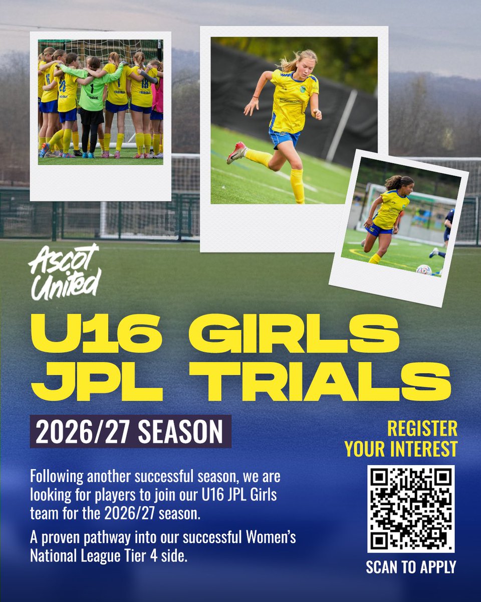 AscotWomenFC's tweet photo. Final Call 🚨 

U16 JPL Girls Team for the 2026/27 season. 

Following another successful season, we are looking to strengthen our current U15 JPL Girls team, who reached the Semi-Final of this season’s National Cup. 

https://t.co/PySJ7fkrN6 🔗 https://t.co/Xk5QkSVhLj