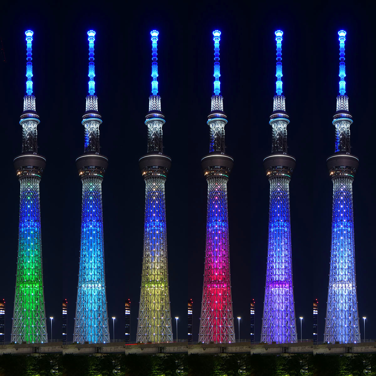 tetsu_skytree's tweet photo. 2026/5/5 点灯、東京スカイツリー「ブルーロック」特別ライティング。
左から、潔世一、糸師凛、蜂楽廻、千切豹馬、御影玲王、凪誠士郎。
各キャラは約50秒で切り替わるので、観賞・撮影時間的に優しいライティングです。 https://t.co/YVa0HMjdxc